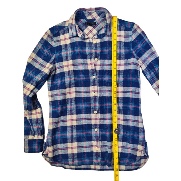 J Crew Flannel Shirt Womens Size 0 Plaid‎ 100% Cotton Blue Pink Cozy Classic - Picture 7 of 9